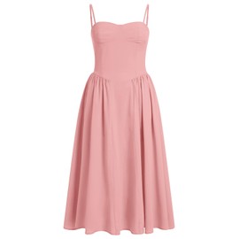 ABEHIK Women Casual Floral Corset Dress with Pockets Lace Up Flowy Bustier Sundress Pleated Spaghetti Strap Midi Dress Low Cut Summer Wedding Guest Cocktail Homecoming Party Dresses Pink M