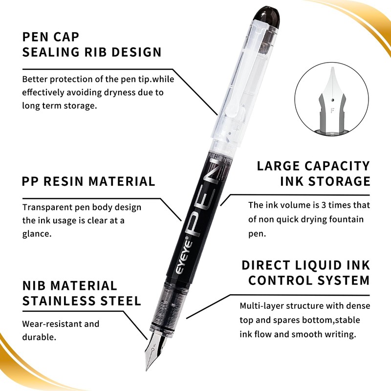 EYEYE Disposable Fountain Pens Fine Point, 8 Pack Black Pens