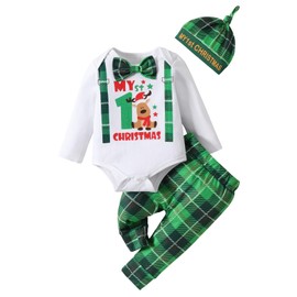 My First Christmas Newborn Baby Boy Outfits Bow Tie Romper Long Sleeve Bodysuit + Pants + Hat Set Gentleman Suit 3Pcs Xmas Clothes (Green, 0-3 Months)