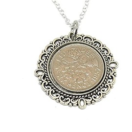 floral Fancy Pendant 1957 Lucky sixpence 67th Birthday plus a Sterling Silver 18in Chain