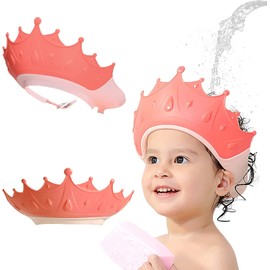 Gorro de Ducha para Niños, Gorro de Lavado de Pelo para Niños, Gorro de Baño para Bebe, Gorro de Ducha de Silicona Suave con Protección para Los Oídos y Los Ojos, de Longitud Ajustable Gorro de champú en Forma de Corona (Rojo)