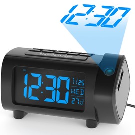 LIORQUE Radio Alarm Clock with Projection, Projection Clocks, 180° Alarm Clock, FM Projector with Alarm, Large VA Display, 4 Brightness Levels of Display, Digital, USB, Snooze Function, 12/24 Hours