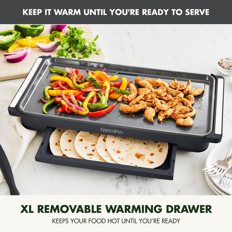 GreenPan Advanced 10.5”x 20” Electric Griddle with Warming Drawer, Healthy