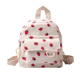 Small Backpack Purse Cute Mini Corduroy Bookbag Toddler Backpack School Bags for Women Girls Boys Teens Kids (Strawberries-Beige)