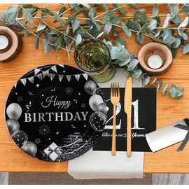 AMNAMN Black and Silver 21st Birthday Party Tableware Plates and Napkins,21st Birthday Party Decorations Set Disposable Paper Napkins and Plates For Her Or Him Serve 20