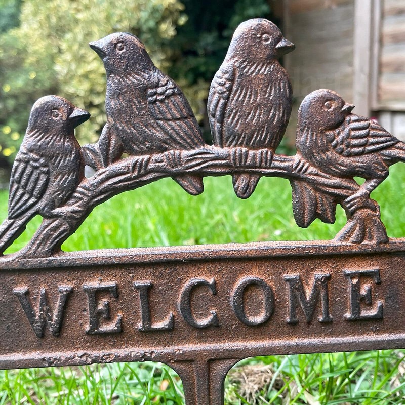 Birds Welcome Sign Lawn Spike Cast Iron Brown Perched Robins