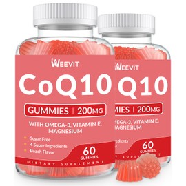 WEEVIT Gomitas de CoQ10 sin azúcar de 200 mg, gomitas de coenzima Q10 (ubiquinona) para adultos, suplemento de CoQ10 con omega-3, magnesio, energía y 