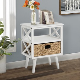 eHemco X-Side Mid-Century Nightstand End Table with Storage Shelf and Wicker Basket, White