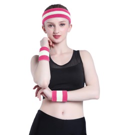 ONUPGO Sweatbands Set Headband Bracelets Neon Sport Fitness 80s Costumes Accessories 80s Workout Outfit for Men Women (Pink/White/Pink)