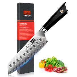 SHAN ZU Damascus Chef Knife Santoku Knife 7 Inch Professional Multifunction Kitchen Knives, 67 Layers Damascus Stainless Steel AUS-10 Super Sharp Cooking Knife with G10 Handle/Gift Box
