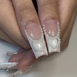 MISUD Press on Nails Long Square Fake Nails Glossy Glue on Nails White French Acrylic Nails Pink Squoval Artificial Nails Love Heart Pearl Stick on False Nails with Design 24 pcs