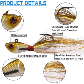 Fishing Jig Head Lures Bucktail Jigs Lead Teaser Fishing Lure Baits Deer Feather with Fishing Hooks for Saltwater Freshwater Fishing 2.0oz-5PCS
