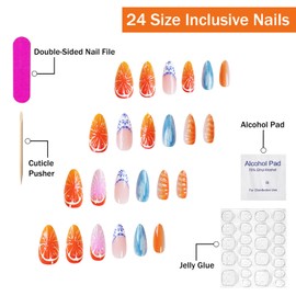 Press on Nails French Tip Medium Almond Shaped Summer Fake Nails Embossed Designs Full Cover Stick on Nails Fruit Flower False Nails Glossy Reusable Artificial Nails for Woman Nail Art Manicure