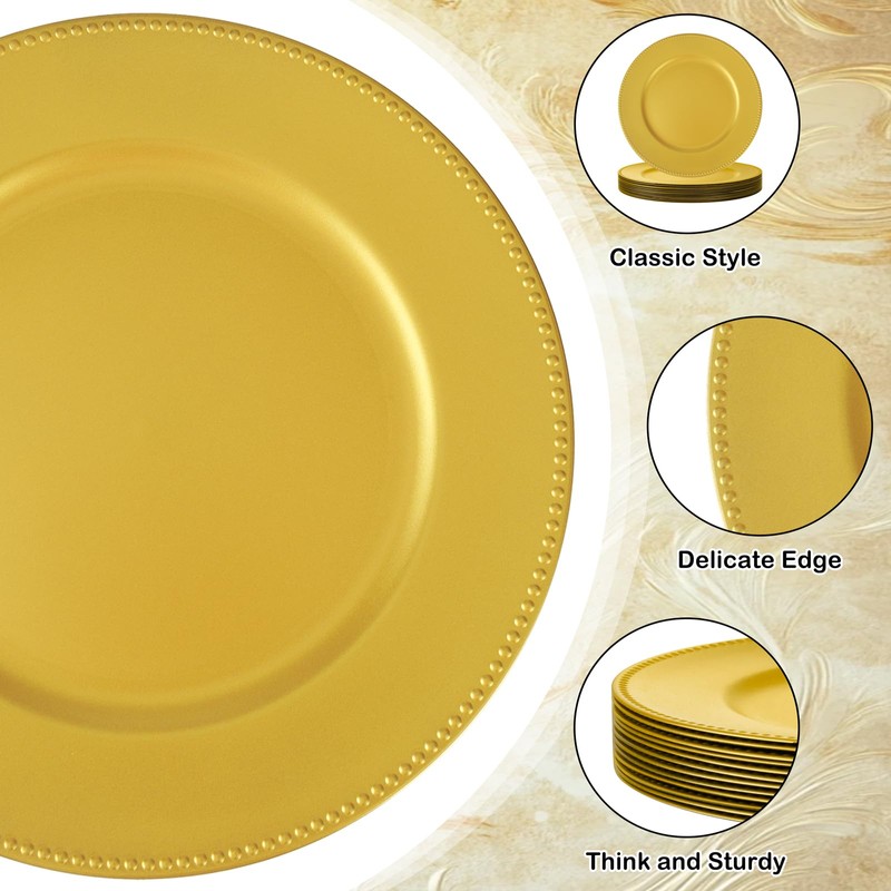 supernal 12pcs Gold Charger Plates,13inch Plastic Round Beaded Plates Decorative