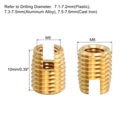 uxcell Self Tapping Threaded Inserts, 10pcs Inner M5-0.8 Outer M8x10 Brass Slotted Thread Repair Inserts Nuts