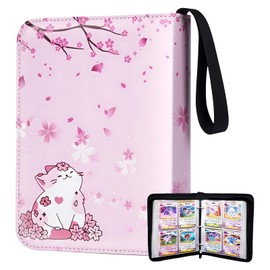 Card Binder 400 Pocket, 50 Sleeves Trading Card Holder, 3Ring Card Binder Album for Cards, Card Collector, Photos, Cute Cat Trading Card Folder for Kids Girls, Pink