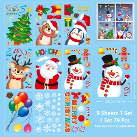 Wothfav 79Pcs Christmas Window Stickers – 9 Sheets Removable Static Cling Window Decals, Christmas Decorations Indoor Holiday Featuring Santa, Snowman, Reindeer for Party