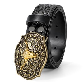 JASGOOD Men Western Cowboy Cowgirl Leather Belt with Floral Engraved Buckle Leather Jeans Belt 1.5’’ Wide for Men Women,Black