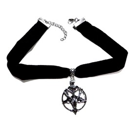 Silvertone Baphomet & Inverted Pentagram Pendant on Adjustable 14-16" Black Velvet Gothic Choker Necklace, 13-16", Metal, Fabric, No Gemstone