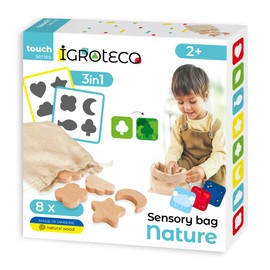 Igroteco® Sensory Bag Natural Wooden | Educational Game for Children | 6 Game Variants | Development of Fine Motor Skills, Colours & Shapes | Includes 8 Double-Sided Cards & Linen Bag | From 2 Years