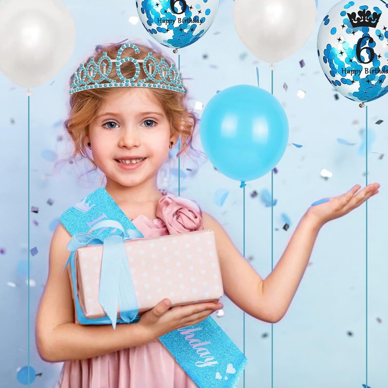 6th Birthday Decorations - Sash, Tiara, Crown & Balloons for