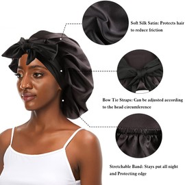 greatremy Medium Satin Silk Sleep Bonnet for Women Curly Hair Adjustable Elastic Sleep Cap with Band for Braids Long Hair Black, Black, Medium
