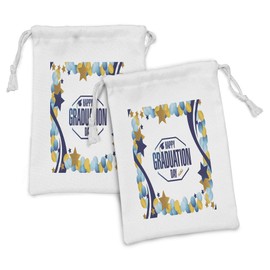 Lunarable Graduation Fabric Pouch Set of 2, Happy Graduation Day Party Logo with Stars Balloons Ribbons Art Image, Small Drawstring Bag for Toiletries Masks and Favors, 9" x 6", Yellow Blue
