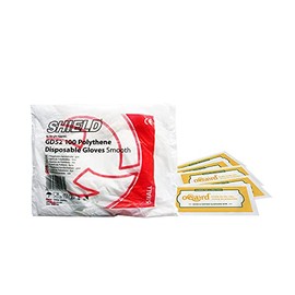 Shield Polythene Disposable Gloves and Oqard Cleansing Wipes (10 pack of gloves, Small)