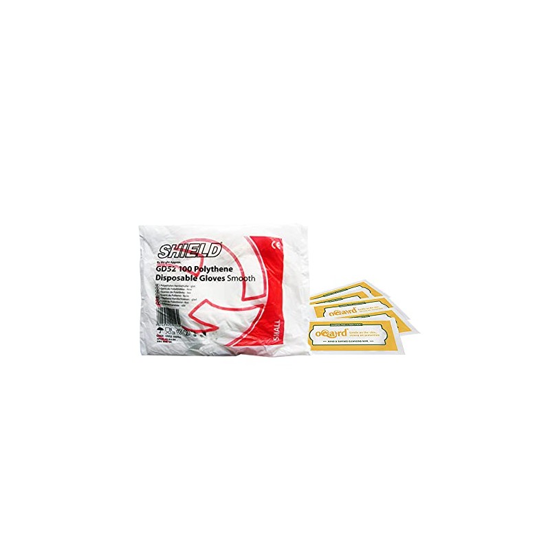 Shield Polythene Disposable Gloves and Oqard Cleansing Wipes (10 pack