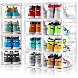 Amllas 12 Pack Clear Shoe Boxes Stackable,Shoe Storage Boxes for Closet,Sturdy Shoe Box Storage Containers with Clear Door,Sneaker Storage,Easy to Assemble,Fit up to US Size 12(13.8”x 9.84”x 7.1”)
