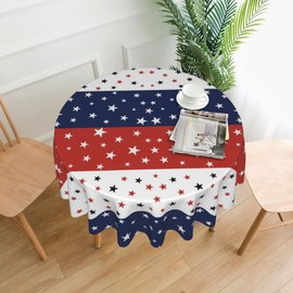 4th of July Round Tablecloths Independence Day Red Blue White Stars Stripes Tablecloth 70 Inch Washable Reusable Memorial Day Patriotic USA Flag Table Cover For Kitchen Dining Room Party Decor