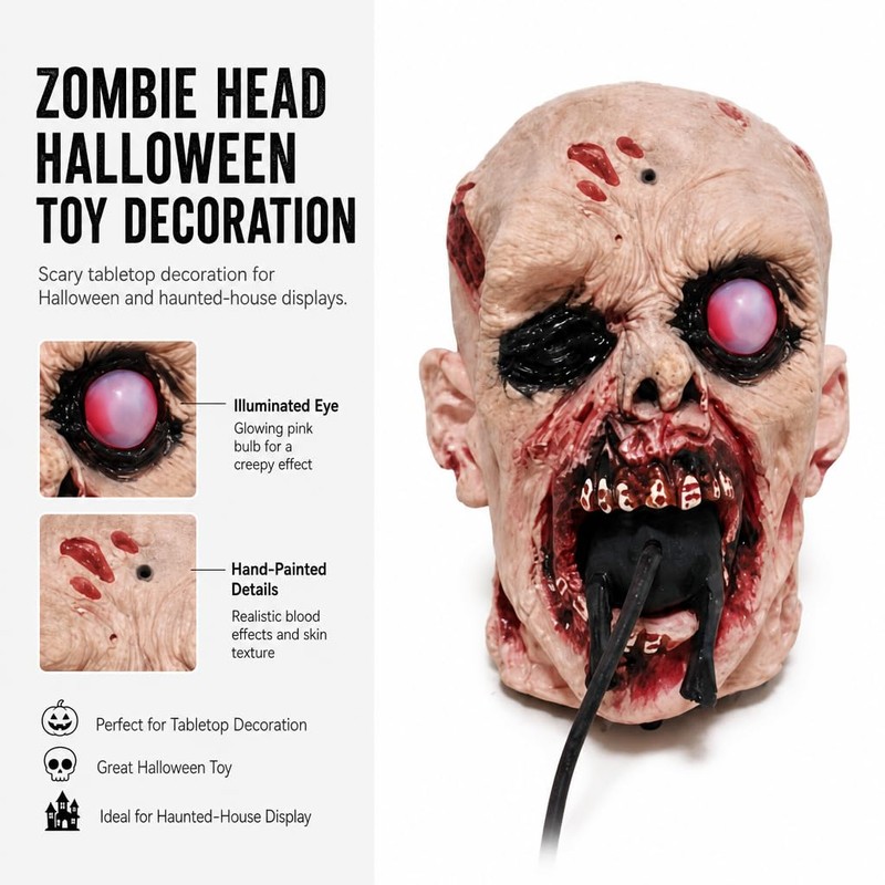 Realistic Zombie Head Sculpture - Halloween Horror Decor with Glowing