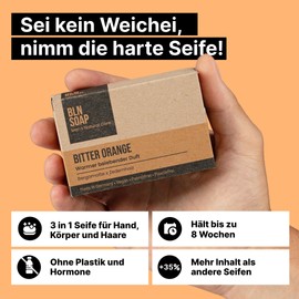 BLN SOAP Bitter Orange – Bergamotte & Zedernholz Männerseife + Seifendose: Feste Körperseife für Männer aus natürlichen Zutaten, ohne Hormone, Vegan, Plastikfrei, ohne Palmöl, Made in Germany, 135 g