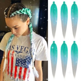 AGO Braiding Hair Pre Stretched Mix Tinsel 28 Inch Ombre Glitter Braiding Hair Sparkle Braids Crochet Hair Extensions Yaki Straight Synthetic Hair for Festival Party(Pack of 6, Green/Blue/Silver)