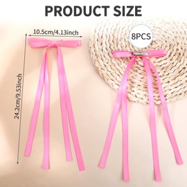 8 Pcs Hot Pink Hair Bow Ribbon with Long Tail Tassel Clips, Hot Pink Hair Bows for Women Girls Coquette Clips Long Bowknot Satin Accessories Barrettes for Girl Ponytail Holder Decor