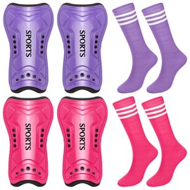 2 Pairs of Kids Shin Guards with Girls Soccer Socks Protective Soccer Shin Guards Soccer Gear for 3-6, 6-10, 10-15 Years Old Girls Boys Children Teens Games Protection Equipment(Purple, Rose Red,M)