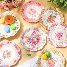 Zhehao 24 Pcs 7 Inch Vintage Floral Dessert Plates Bulk Watercolor Disposable Paper Plates Scalloped Retro Flower Decorative for Birthday Wedding Baby Shower Tea Party Decor Supplies, 6 Styles