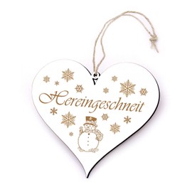 Hereingeschneit Heart Welcome Door Sign Wood Engraved with Snowman Snowflakes Motif 13 x 12 cm