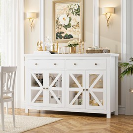 FOTOSOK Sideboard Buffet Cabinet with Storage, 55.1" Large Sideboard Cabinet Kitchen Cabinet with 2 Drawers and 4 Glass Doors, White Coffer Bar Cabinet Buffet Table for Dining Living Room