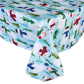 Newbridge Blue Snowman Fun Christmas Fabric Tablecloth, Cheerful Snowmen and Evergreen Tree Print Xmas Soil Resistant, No Iron Easy Care Tablecloth, 60 Inch x 120 Inch Oblong/Rectangle