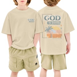 KEEVICI Boys God is Good Shirt Christian Faith Shirts for Kids Jesus Beach Palm Tree Hawaiian Tshirt Graphic Tees Cotton Tops(Apricot,130)