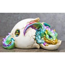 Oceanic Turquoise Green Iridescent Baby Dragon In Egg Shell With Gem Figurine