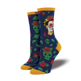 Socksmith Womens' Novelty Crew Socks "Dia De Los Frida" - Navy, Sock size 9-11