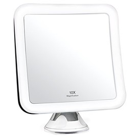 Fancii Espejo Maquillaje con Aumento de 10x, Luz LED, Poderoso Ventosa, Rotación 360° - Espejo Iluminado de Baño para Cosmético y Afeitar, Espejo Plegable para Viaje