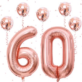 60th Birthday Number Balloons for Women, Giant 60 Number Balloons Foil with Rose Gold Confetti Balloons, 40 Inch Self Inflating Balloons for Girls 6th Birthday Party Anniversary Decor Supplies