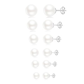 6 Pairs 925 Sterling Silver Pearl Stud Earrings Set Hypoallergenic Round White Freshwater Pearl Earrings for Women Teen Girls（4mm 6mm 8mm 10mm 12mm 14mm）