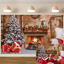 Christmas Photography Backdrop Xmas Fireplace Party Background Christmas Tree Xmas Gifts Decorative Banner Winter Holiday Family Party Photo Props (8x6FT)