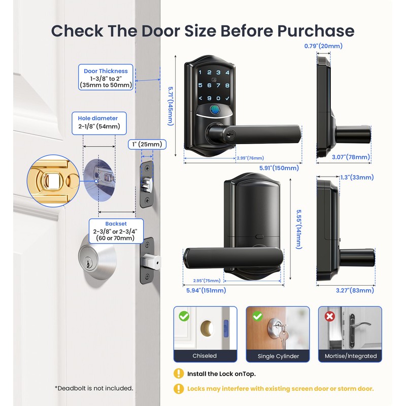 Veise VE029 WiFi Smart Lever Lock, Fingerprint Keyless Entry Door