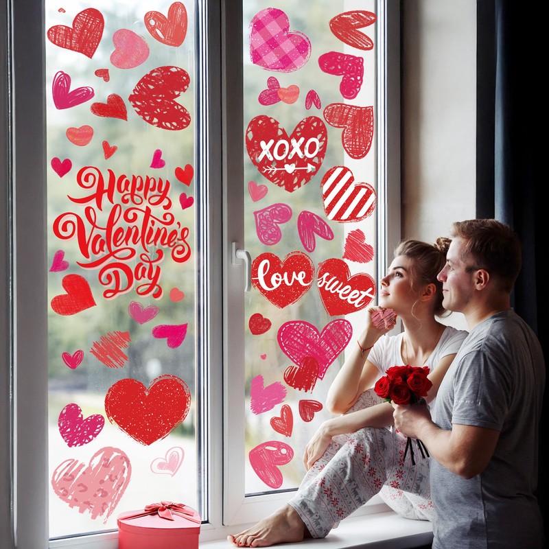 CUUSNNY Valentines Window Clings,Double-Sided Red Pink Hearts Happy Valentine's Day