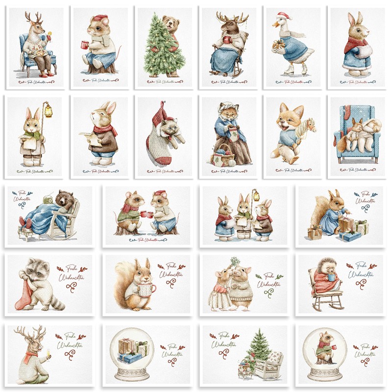 Weihnachtskarten 24 Stück Postkarten, Tierisch schön, Boho Deko, Design, Illustration,